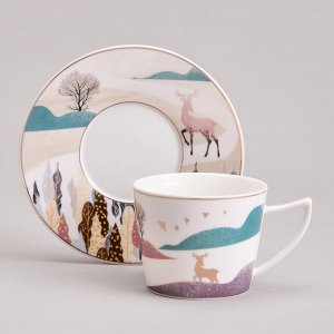 Чайный сервиз из фарфора LEFARD "Top Style Gold Mountain" на 6 персон (12 предметов), 250 мл – роскошный дизайн с золотым декором и горным пейзажем, 1 шт.