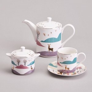 Чайный сервиз из фарфора LEFARD "Top Style Gold Mountain" на 6 персон (14 предметов), с золотым декором и горным пейзажем