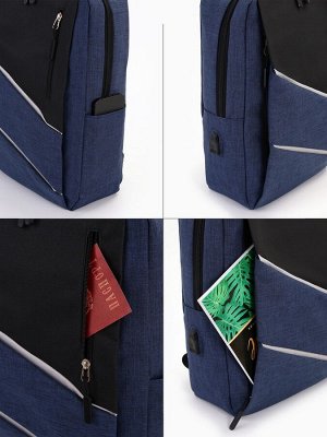 Рюкзак школьный на молнии, 2 кармана, с USB, цвет чёрный/синий