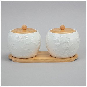 Набор банок "Flowers Story" с деревянной крышкой и подставкой (2 шт.) - 550 мл, 12x11 см, 1 шт.