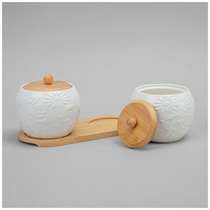 Набор банок "Flowers Story" с деревянной крышкой и подставкой (2 шт.) - 550 мл, 12x11 см, 1 шт.