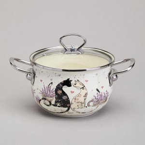 Эмалированная кастрюля с крышкой из стекла, серия "Lavender Cats", 2.0 л, диаметр 18 см