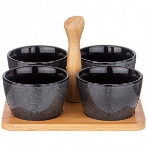 Набор соусников "Graphite" на деревянной подставке с ручкой, 4 шт, 175 мл (19x6.5 см) - Идеальный аксессуар для сервировки, 1 шт.
