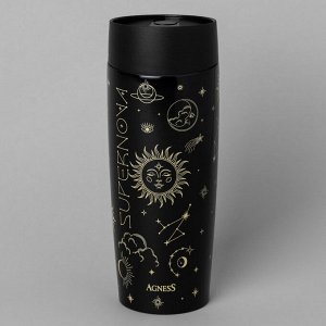 Термокружка Agness Supernova Black 360 мл — нерж. сталь 18/10, вакуум + медная изоляция, герметичная крышка со стоппер-кнопкой