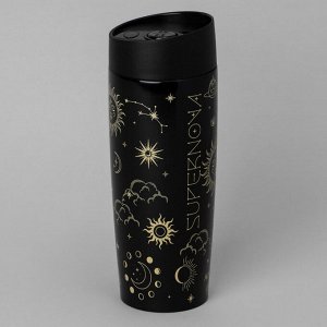 Термокружка Agness Supernova Black 360 мл — нерж. сталь 18/10, вакуум + медная изоляция, герметичная крышка со стоппер-кнопкой