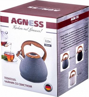Чайник со свистком AGNESS 3 л, нержавеющая сталь, термоаккумулирующее дно, для всех плит, индукция, 1 шт.