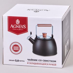 Чайник AGNESS 3 л из нержавеющей стали со свистком и складывающейся ручкой для всех типов плит, стильный и прочный, 1 шт.