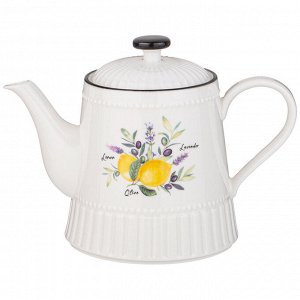 Фарфоровый чайник LEFARD "Kitchen Passions" 1 л с рельефным дизайном и ярким декором – лимоны, лаванда, оливки, овощи, 1 шт.