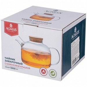 Заварочный чайник AGNESS NATIVE 1300 мл с бамбуковой крышкой и силиконовым уплотнителем, из прочного стекла, 1 шт.