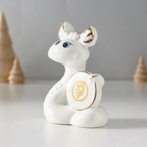 Фигурка керамика «Белая змейка с бантиком, с монеткой $», с золотом, 3x7.5x9.3 см