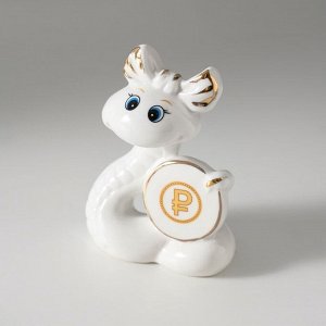 Фигурка керамика «Белая змейка с бантиком, с монеткой $», с золотом, 3x7.5x9.3 см