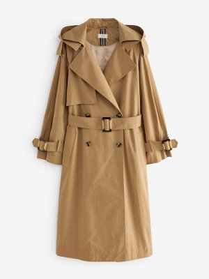 Camel Natural - двубортное пальто с поясом и капюшоном