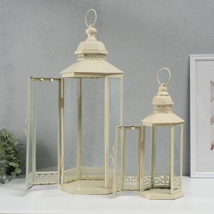 Подсвечник-фонарь на 1 свечу «Фес», белый с патиной, набор 2 шт., 35x13.5x11.8 см; 51x21x18 см