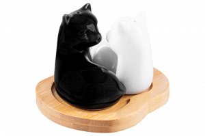 Набор для специй 2 пр. "Кошки черно-белые" на деревянной подставке, 11*9*7 см