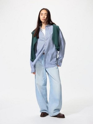 UNIQLO - базовая хлопковая рубашка в мелкую полоску - 58 DARKGREEN
