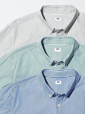 UNIQLO - базовая хлопковая рубашка в мелкую полоску - 58 DARKGREEN