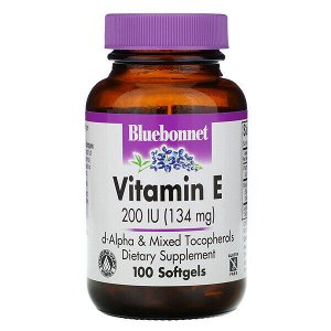 Витамин E 134 мг (200 МЕ) Bluebonnet Nutrition 100 капсул — натуральный антиоксидант для защиты клеток и поддержки сердца