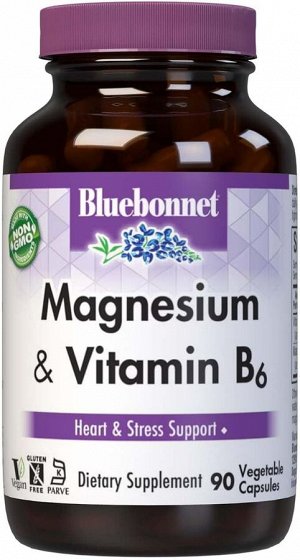 Магний и витамин B6 Bluebonnet Nutrition 90 капсул — поддержка сердца, нервной системы и снижение стресса