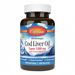 Тресковый жир (Cod Liver Oil) 1000 мг 100 капсул — Carlson — источник омега-3, витаминов A и D для иммунитета и сердца