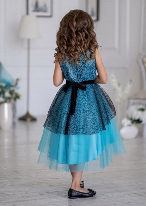 Оригинальное нарядное платье с контрастной пайеточной сеткой, цвет бирюзовый