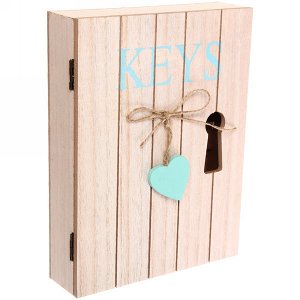 Ключница 24*18*5см "Keys" с голубым сердечком. 6 крючков. деревянная