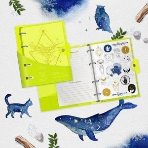Тетрадь на кольцах А5 120 листов в клетку LOREX "NEON. YELLOW", со сменным блоком, пластиковая обложка, с наклейками