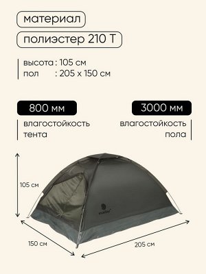 Палатка туристическая 2-местная maclay fisht te 2, 205x150x105 см, трекинговая, однослойная, зелёная