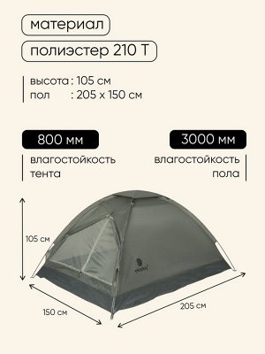 Палатка туристическая 2-местная maclay fisht se 2, 205x150x105 см, трекинговая, однослойная, зелёная