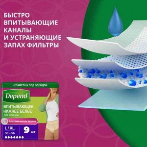 Депенд белье впитывающее жен. L/XL 9шт. (р.50-56)