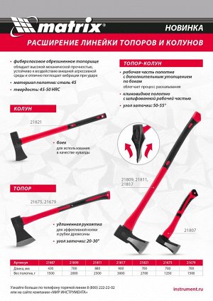 Топор-колун с клиновидным полотном 1500 г, фибергласовое двухкомпонентное топорище 430 мм Matrix