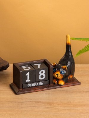 Вечный календарь настольный «Тёмная кошка», 20.5x8.5x13.5 см, дерево
