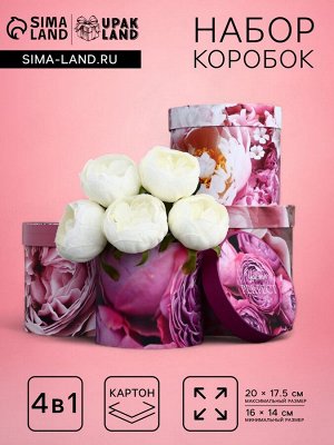 Набор шляпных коробок для цветов 4 в 1, упаковка подарочная, «Пионы», 20x17.5 - 16x14 см