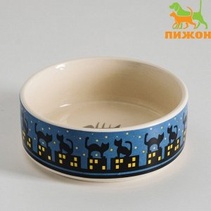 Миска керамическая «Ночные кошки» 200 мл - 10.5x10.5x4 см, синяя/белая