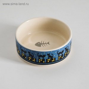 Миска керамическая «Ночные кошки» 200 мл - 10.5x10.5x4 см, синяя/белая