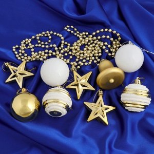 Набор украшений пластик 15 шт "Селена" (9 шаров, бусы, 3 звезды, 2 колок.) бело-золотой