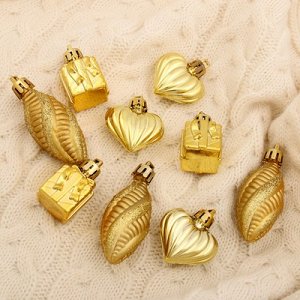 Набор украшений пластик 9 шт "Новогодний" (3 подарка, 3 сердца, 3 сосульки) золотой