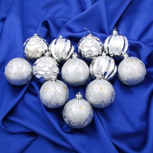 Набор шаров пластик d-6 см, 12 шт "Ледяной блеск элит" серебро