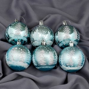 Набор шаров пластик d-6 см, 8 шт "Снежные ёлки" голубой