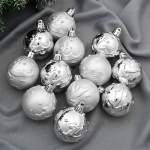 Набор шаров пластик d-5 см, 12 шт "Весёлые олени" серебро