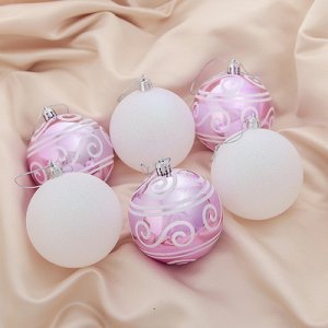 Набор шаров пластик d-8 см, 6 шт "Нежные завитки" бело-розовый