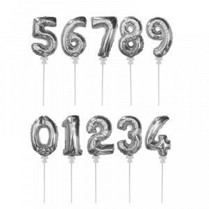 Шар самодув 3" "Цифра 0-9", с палочкой набор 10шт., цвет серебряный