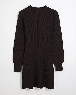 Коричневое трикотажное мини-платье с длинными рукавами и резинкой