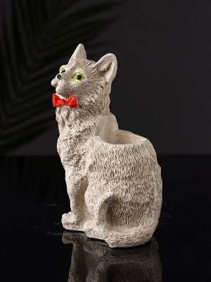 Подставка для мелочей «Кот с бантом», гипс, 14x9x7 см, бежевый