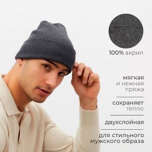 Шапка мужская двухслойная с отворотом, one size, цвет серый