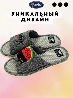 Тапочки женские с уникальным дизайном и премиальной вышивкой черного кота на арбузе, сердечка и надписи "Vegan"