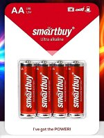 Батарейки пальчиковые, АА, алкалиновые Smartbuy LR6, 4 шт в блистере (SBBA-2A04B)