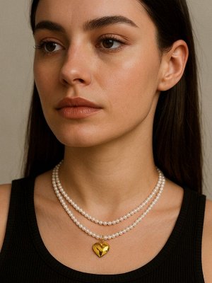 Кулон с жемчугом «Сердце» бусина №6, белый в золоте, 45 см