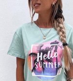 Футболка женская оверсайз Hello Summer с принтом пальмы и закат