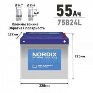 Аккумулятор NORDIX 75B24L 55Ah (обр) 520А 238*129*225, необслуж., мал.клемма SMF75B24L.NDX