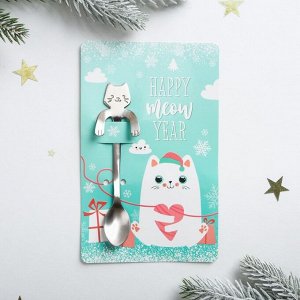 Ложка на открытке котик Happy moew year, 10 х 16 см